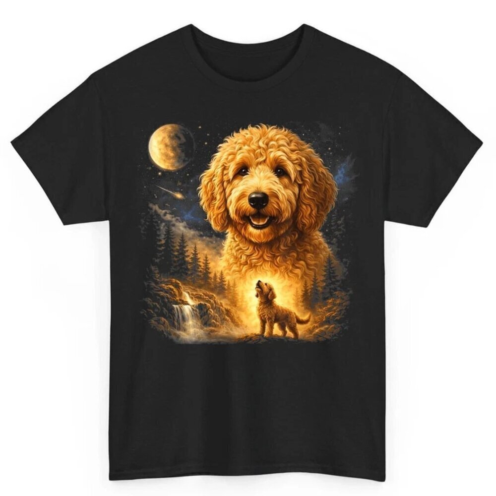 Goldendoodle Howling to The Moon 90s Tee Mystical Dog Art T-Shirt .